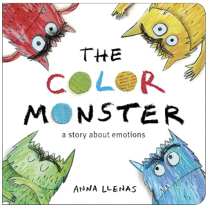 混ざった感情を色で表現した青いモンスターが、女の子と向き合う表紙。絵本『The Color Monster』 A blue monster representing mixed emotions sits facing a girl on the cover of “The Color Monster” picture book. 