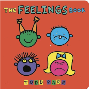 明るくカラフルな背景に、「Joy」「Sad」「Scared」などの感情語が描かれたTodd Parrの表紙 Bright, colorful cover by Todd Parr featuring emotion words like “Joy,” “Sad,” and “Scared” for “The Feelings Book.”