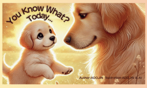 夕暮れの草原で向かい合うゴールデンレトリバーの親子。子犬が「You Know What? Today…」と語りかけている絵本表紙。 A golden retriever puppy and parent gaze at each other warmly in a sunset field. The picture book title reads “You Know What? Today…”.