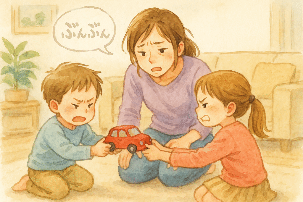男の子と女の子がおもちゃの取り合いをしている。声をかける母親。