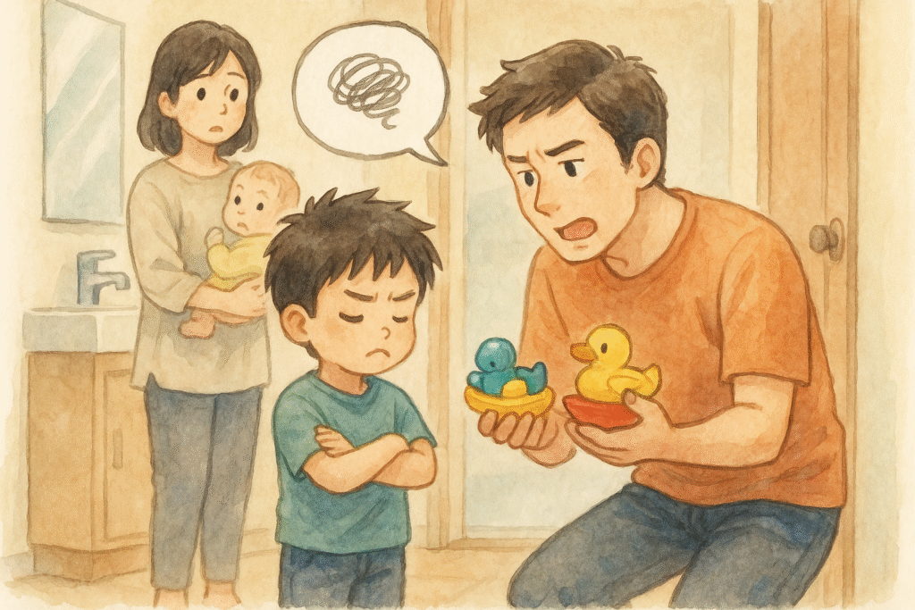 お風呂のに入りたくない男の子にアヒルのおもちゃで誘っている父親と赤ちゃんをだっこしている母親。
