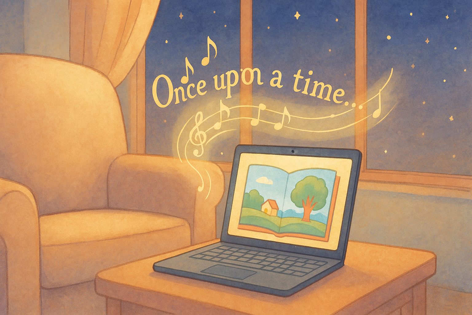 パソコンに英語絵本の読み聞かせサイトが表示されている